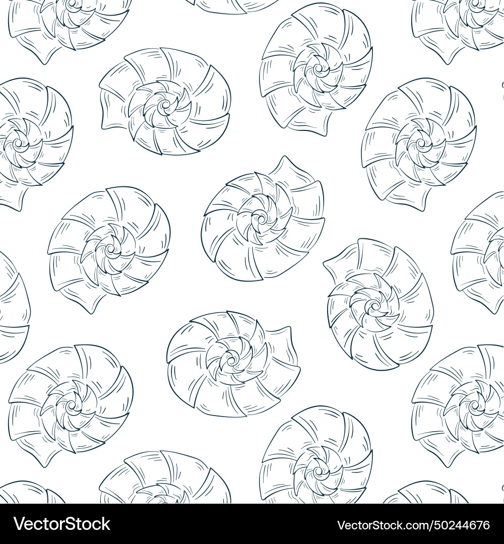 Seashell fossil seamless pattern in line art style vector image