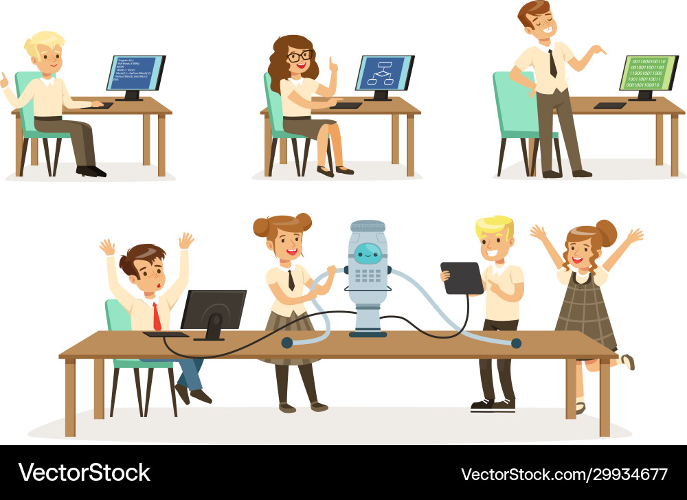 School children at informatics or programming School children at informatics or programming vector image