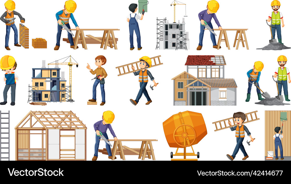 Set of construction site objects and workers vector image