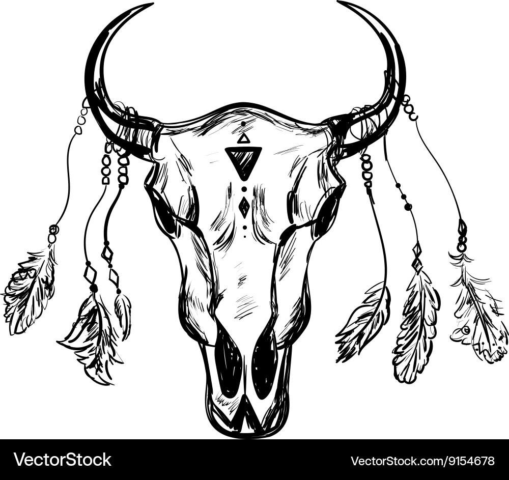 Buffalo Skull with Feathers - Totem Art vector image