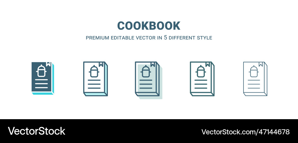 Cookbook icon in 5 different style outline filled Cookbook icon in 5 different style outline filled vector image