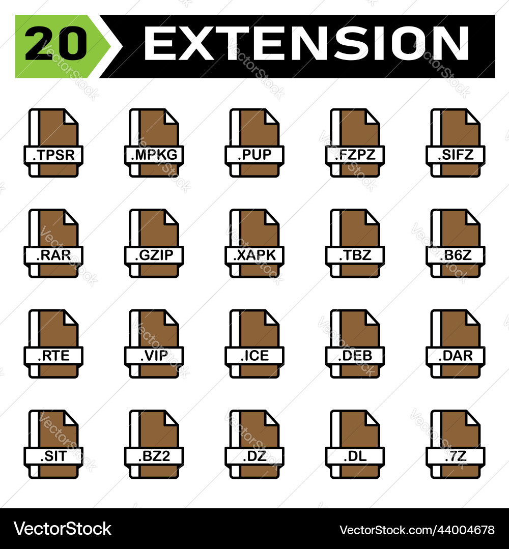 File extension icon set include tpsr mpkg pup vector image