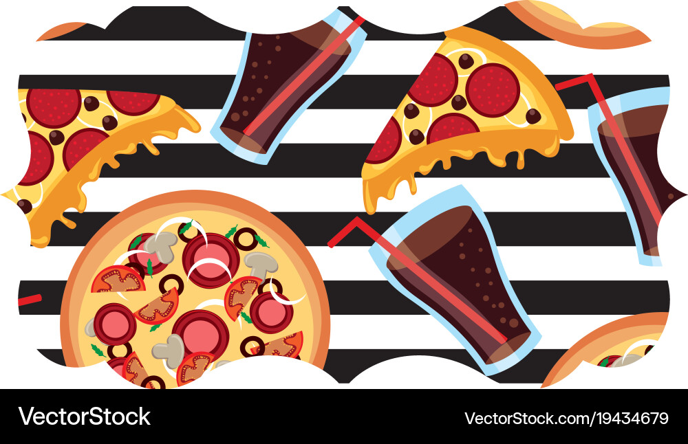 Frame with pizza and soda pattern background Vector Image