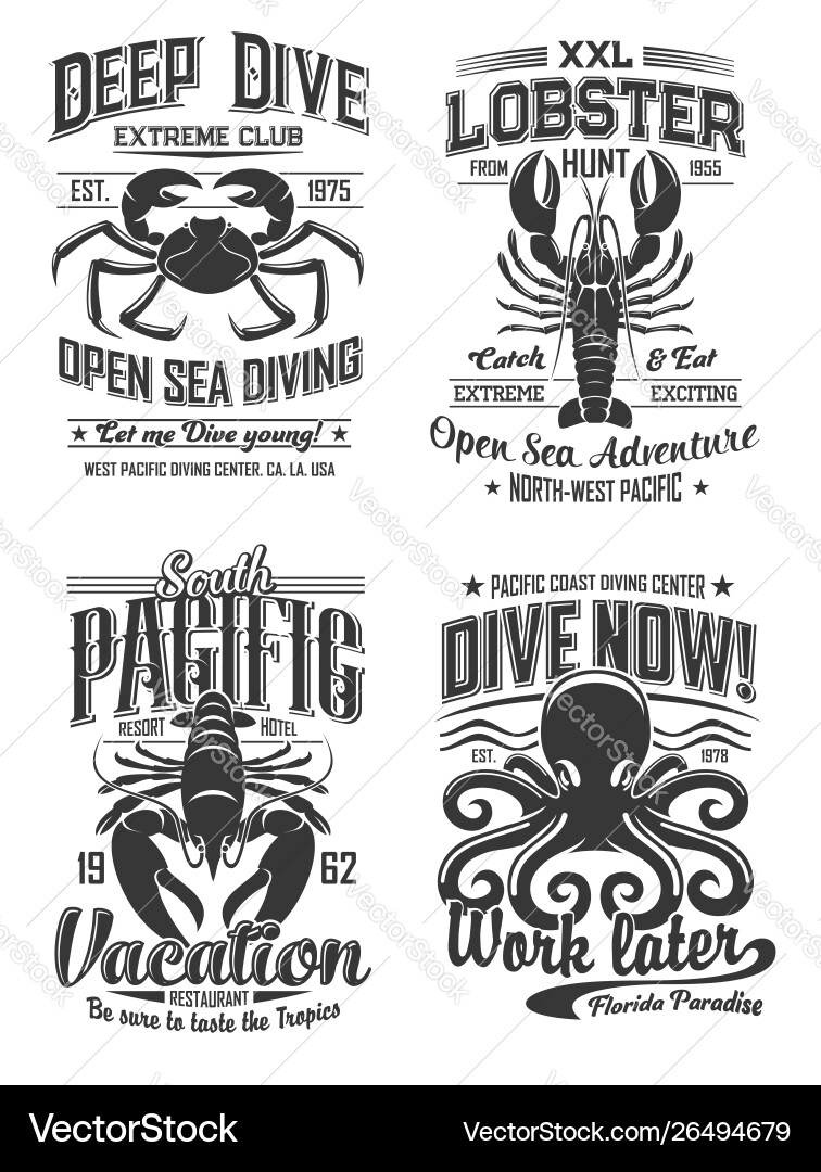 Octopus crab and lobster logo cafe diving club Octopus crab and lobster logo cafe diving club vector image