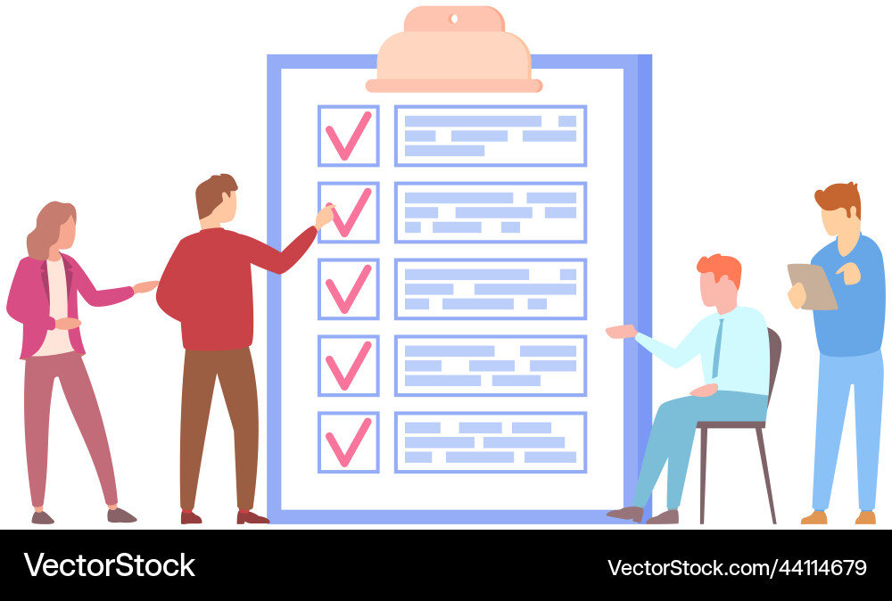 Office workers check checklist mark completion Office workers check checklist mark completion vector image