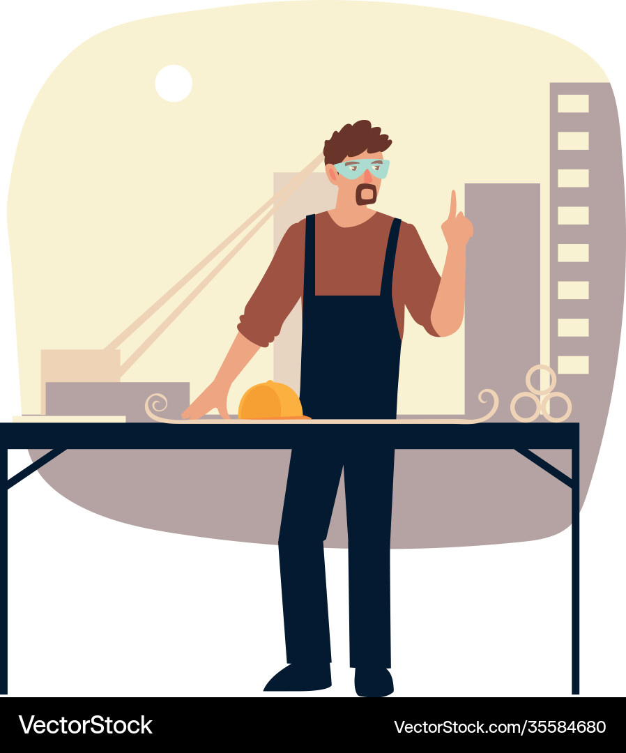 Builder in hard hat with blueprint on table Vector Image
