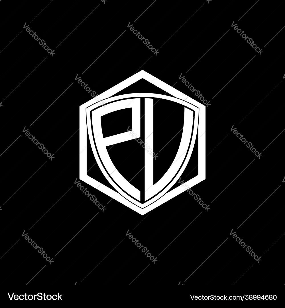 Initial letter p v shield with hexagon frame vector image