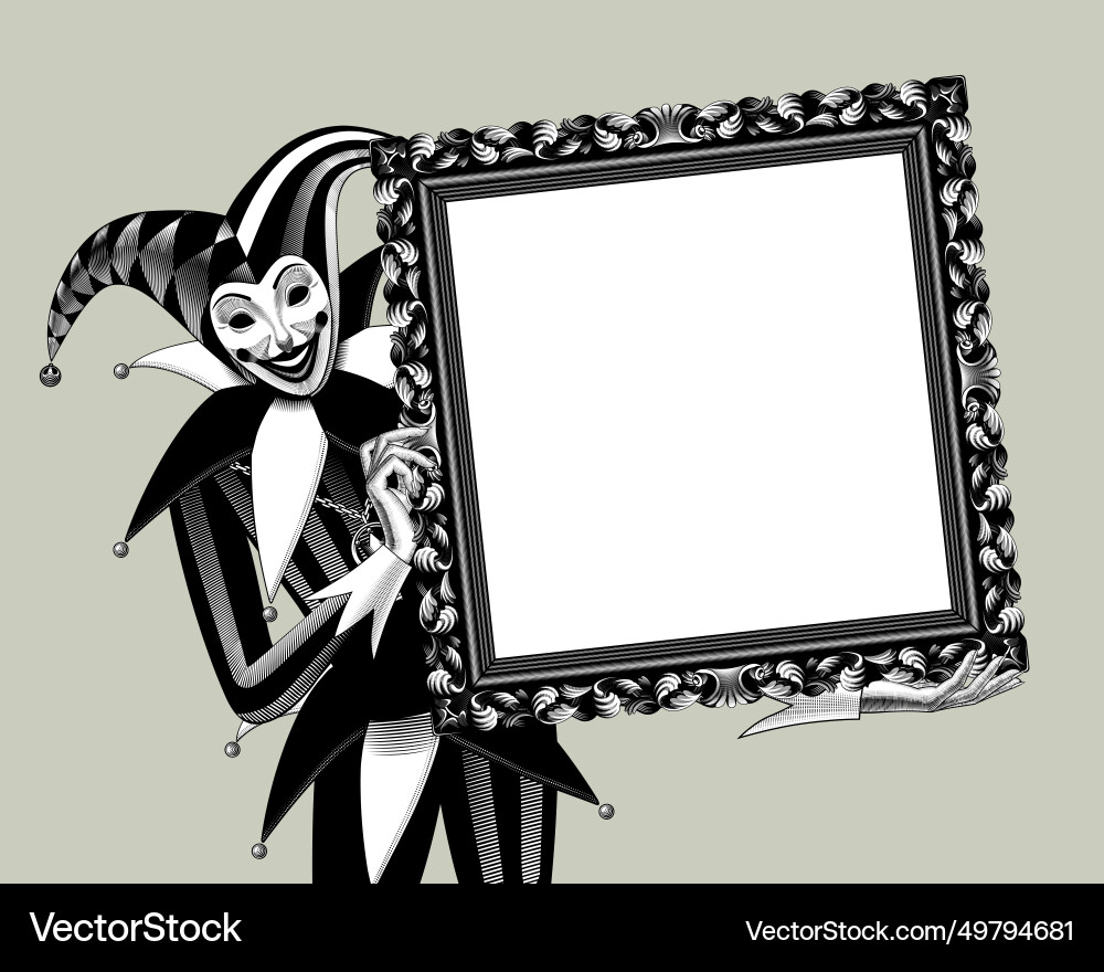 Engraved vintage drawing of smiling joker holding Engraved vintage drawing of smiling joker holding vector image