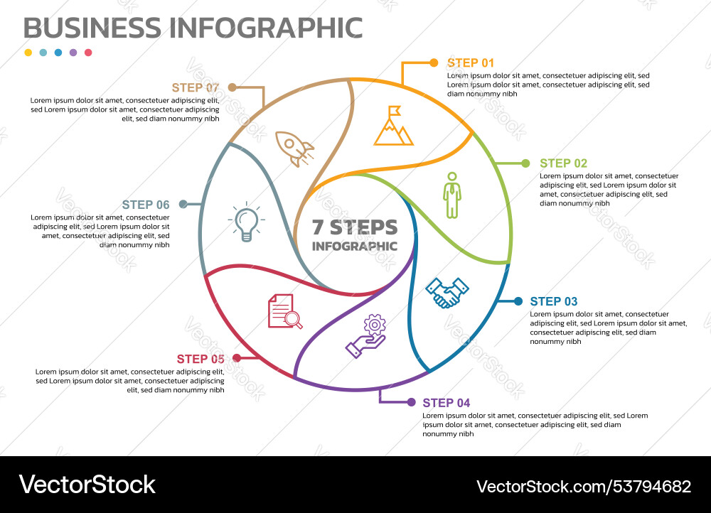 Visual data presentation cycle diagram with 7 Visual data presentation cycle diagram with 7 Vector Image