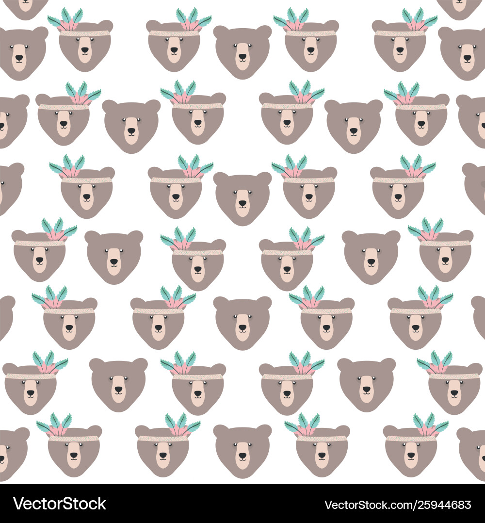 Bears grizzly with feathers hat pattern background Vector Image