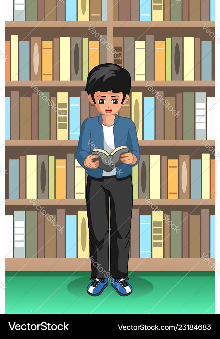 Boy Reading in Library Vector Image