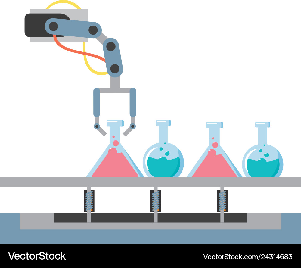 Robot Arm in Science Lab with Flasks vector image