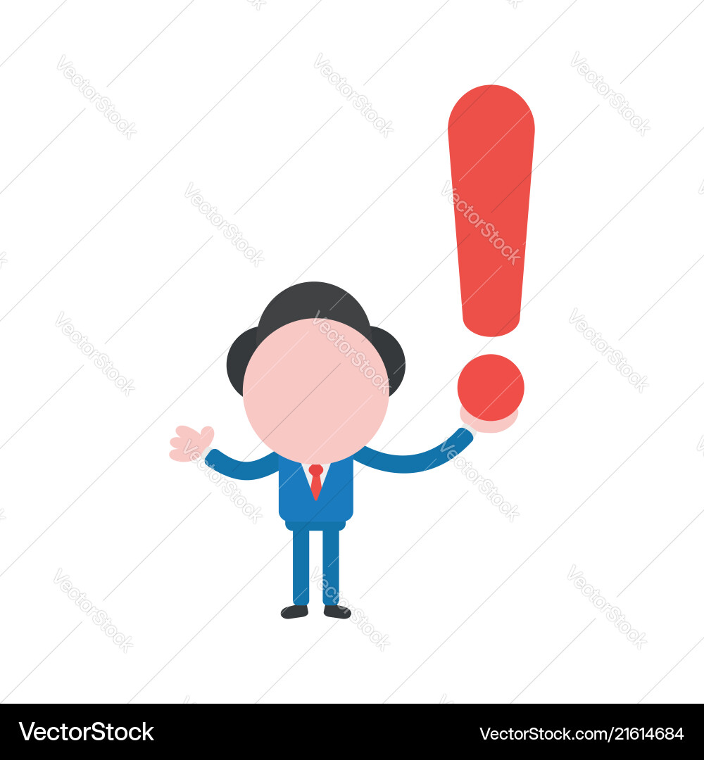 Businessman character holding exclamation mark Businessman character holding exclamation mark Vector Image