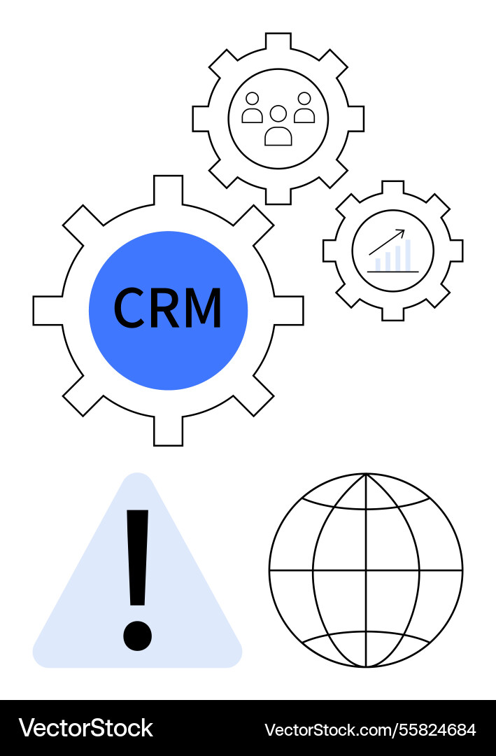 Crm gears globe and warning triangle symbolizing Crm gears globe and warning triangle symbolizing vector image