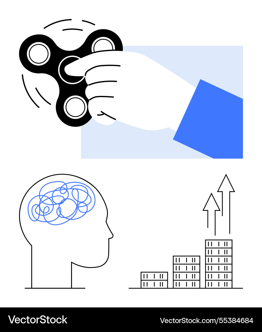 Hand using fidget spinner brain with tangled Hand using fidget spinner brain with tangled vector image