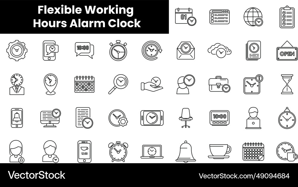 Set of outline flexible working hours alarm clock Set of outline flexible working hours alarm clock vector image