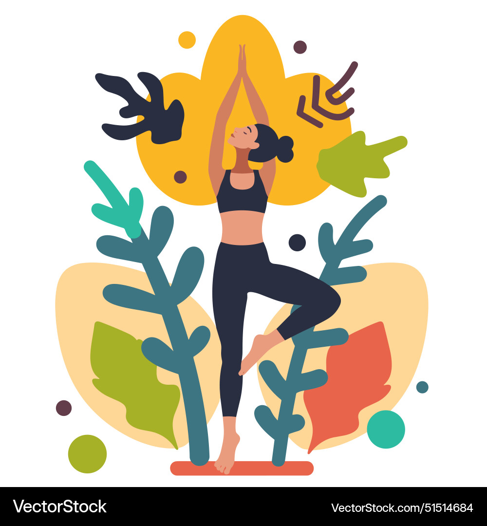 Woman practicing yoga tree pose balanced serene Woman practicing yoga tree pose balanced serene vector image
