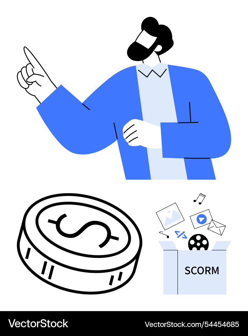 Animated man gesturing with coin and scorm package Animated man gesturing with coin and scorm package vector image