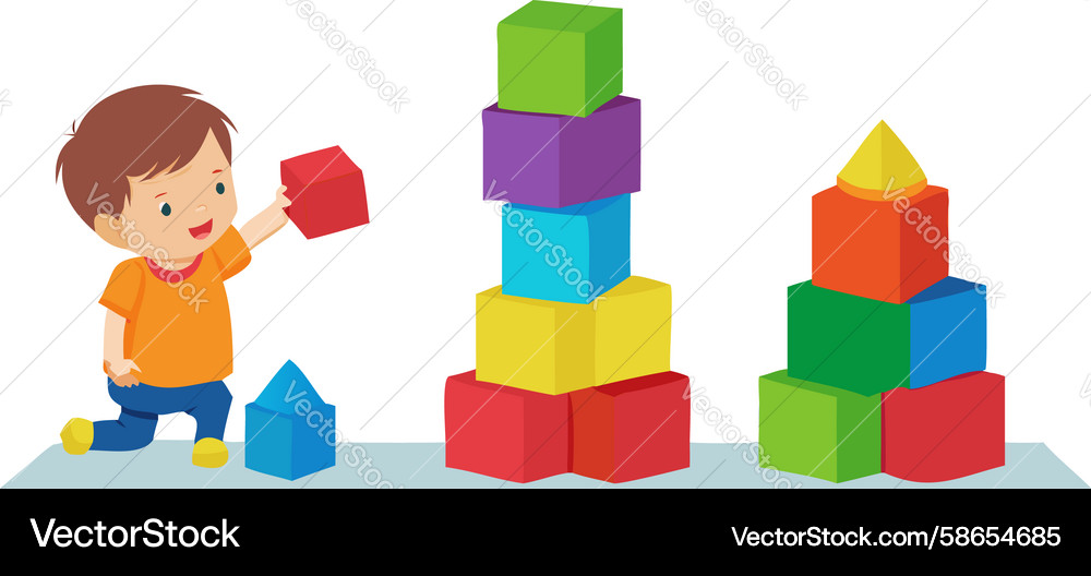 Cheerful child stacking colorful building blocks Vector Image