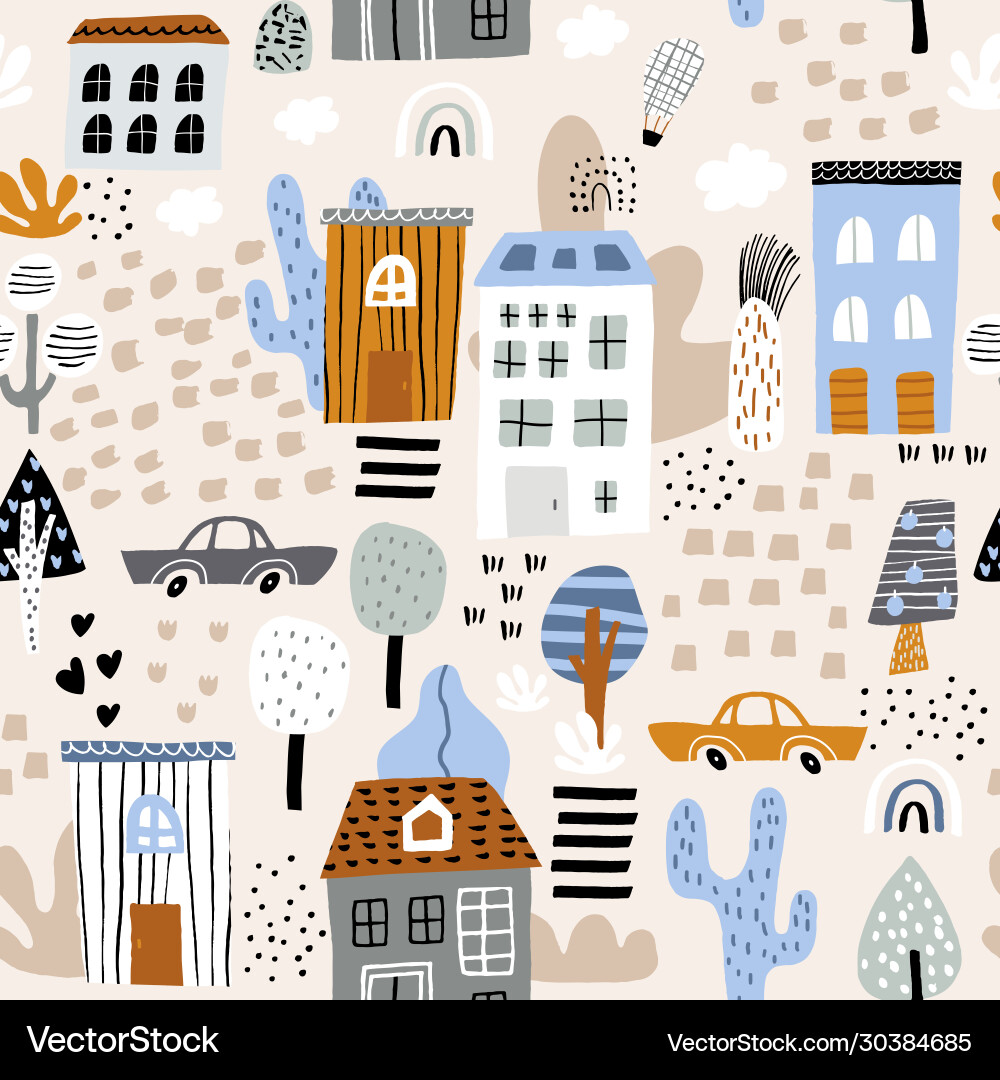 Childish seamless pattern with cartoon city life Childish seamless pattern with cartoon city life vector image