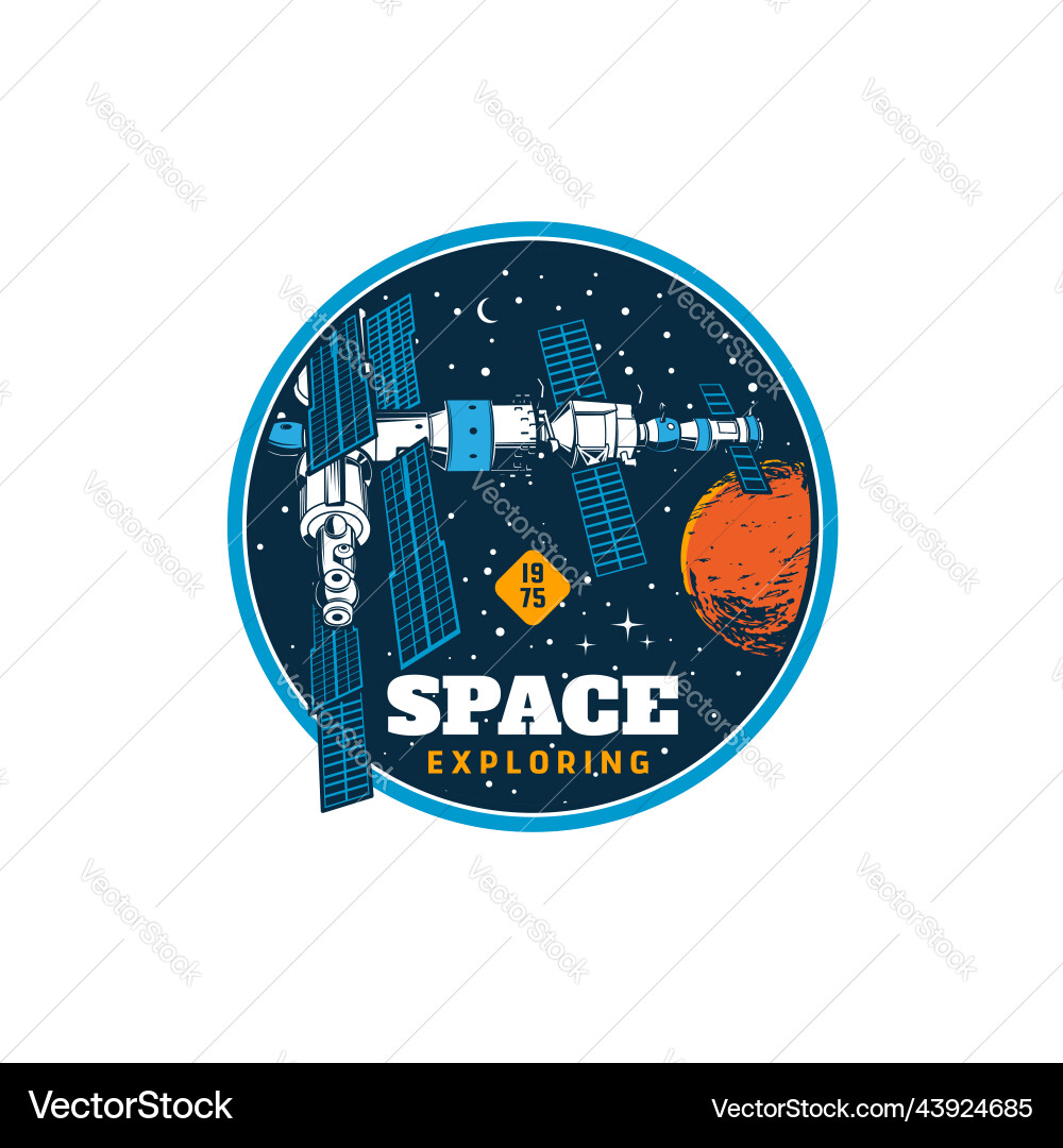 Orbital station in space retro icon or emblem Orbital station in space retro icon or emblem vector image