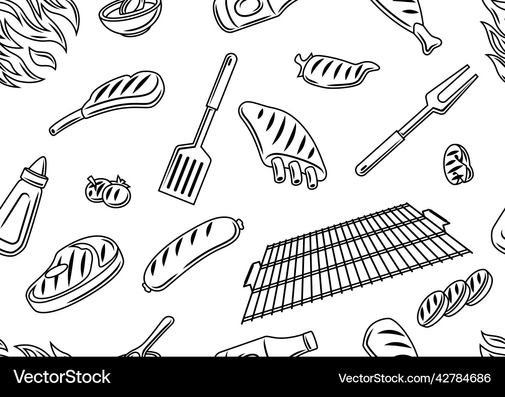 Bbq seamless pattern with grill objects and icons Bbq seamless pattern with grill objects and icons vector image