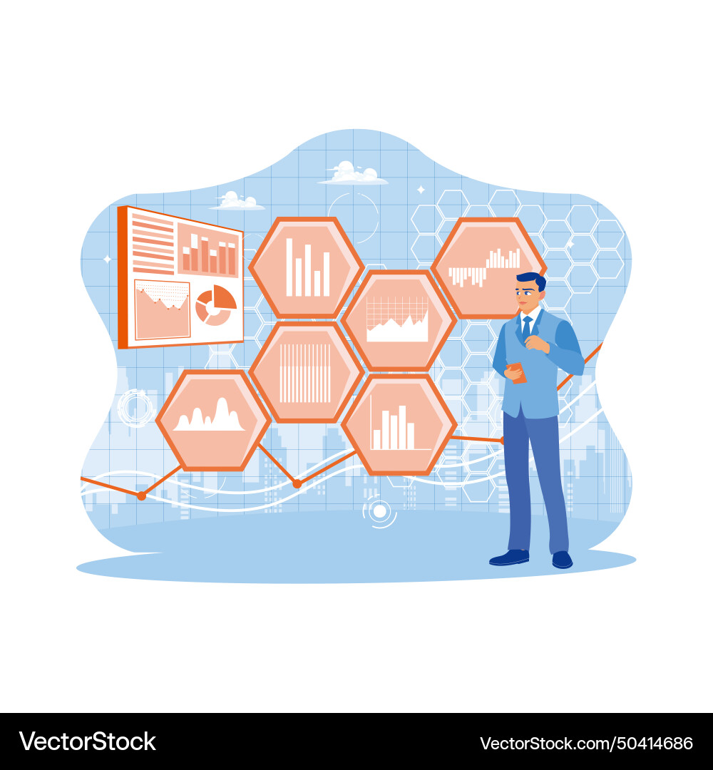 Man using a digital tablet with abstract Man using a digital tablet with abstract vector image