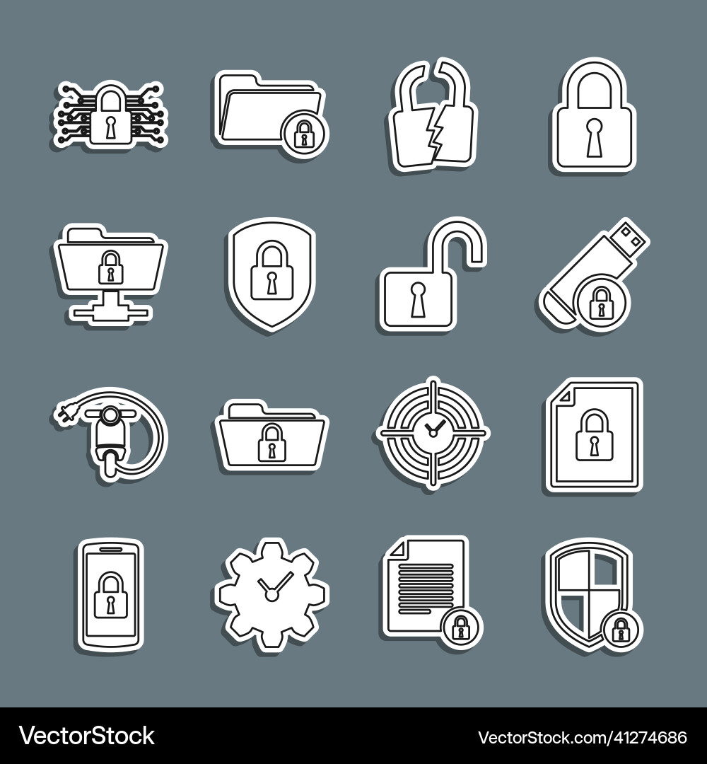 Set line shield security with lock document Set line shield security with lock document vector image