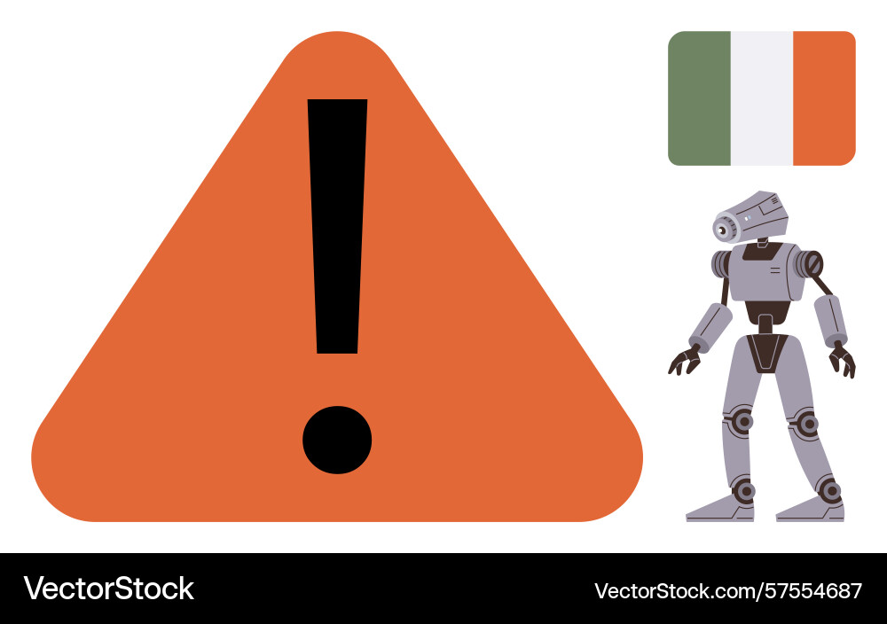 Caution sign with robot and irish flag emphasizing Caution sign with robot and irish flag emphasizing Vector Image