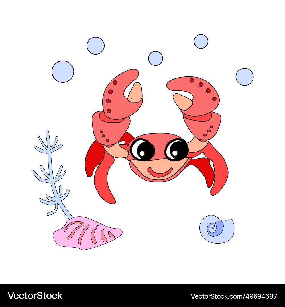 Crab with shells bubbles and algae in the ocean Vector Image