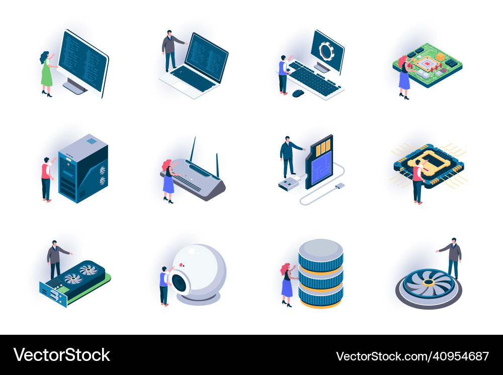 Digital Computer Icons - Isometric Set vector image