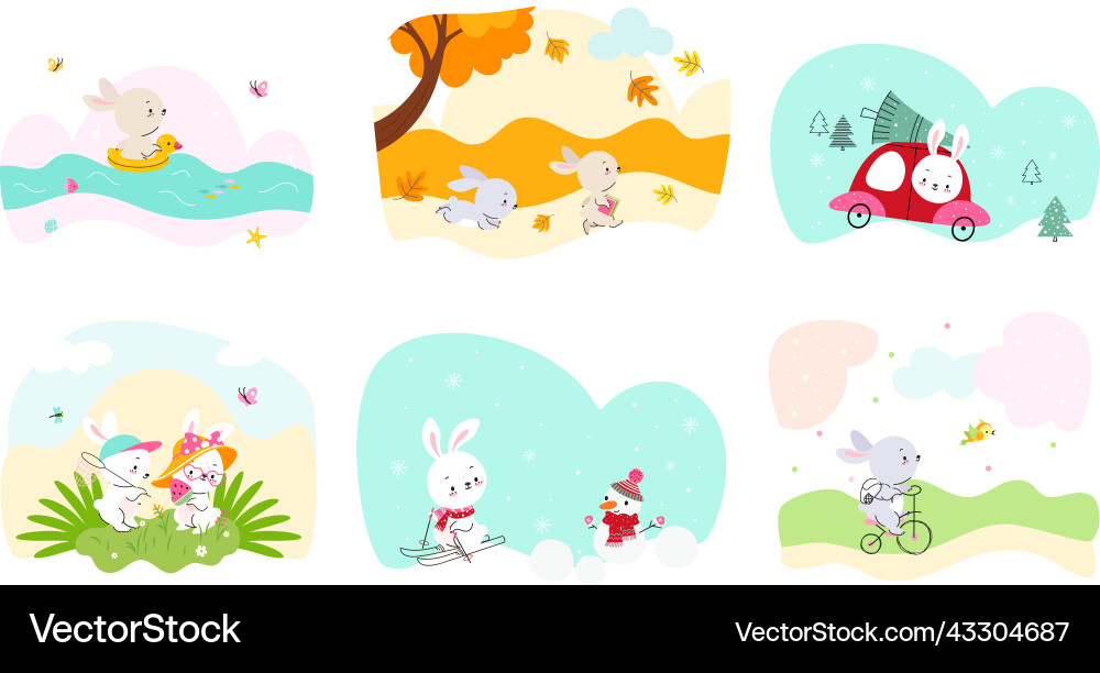 Happy cartoon bunny in different seasons cute fun Happy cartoon bunny in different seasons cute fun vector image