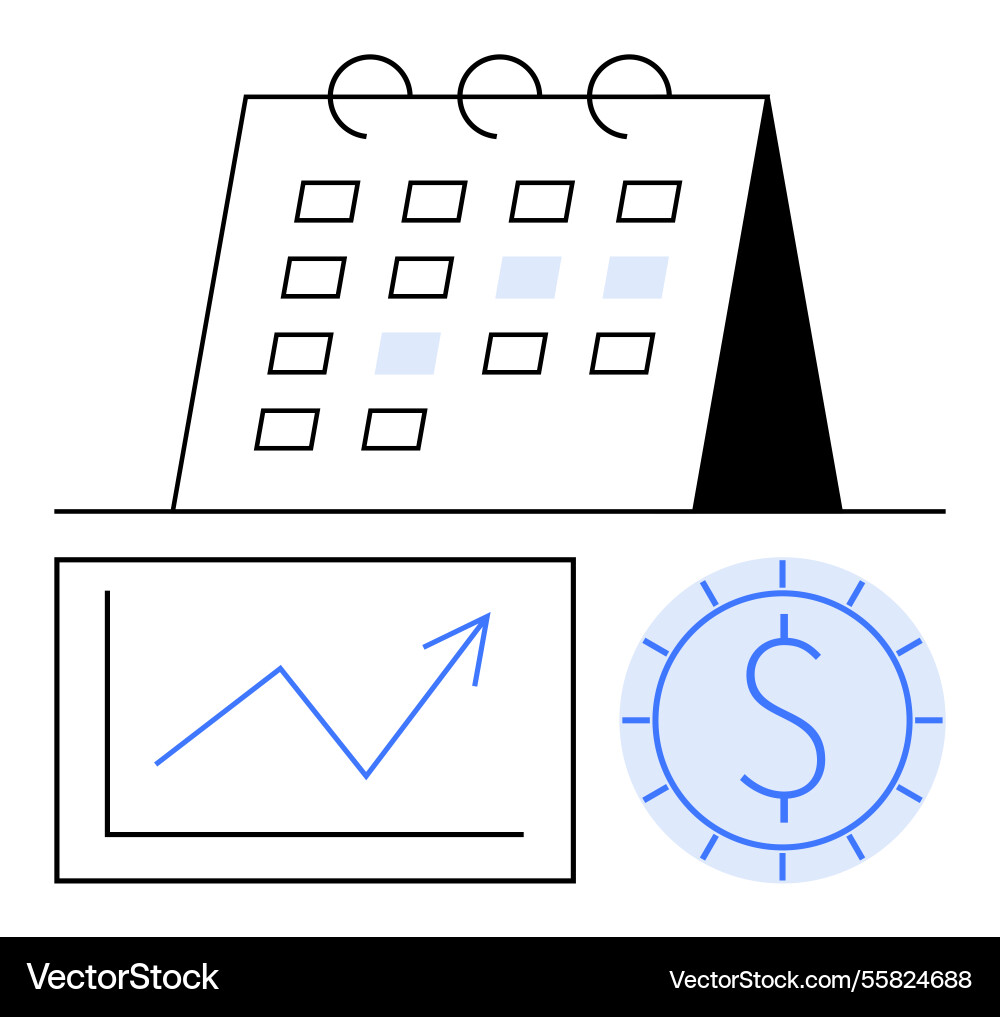 Calendar with rising chart and coin symbolizing Vector Image