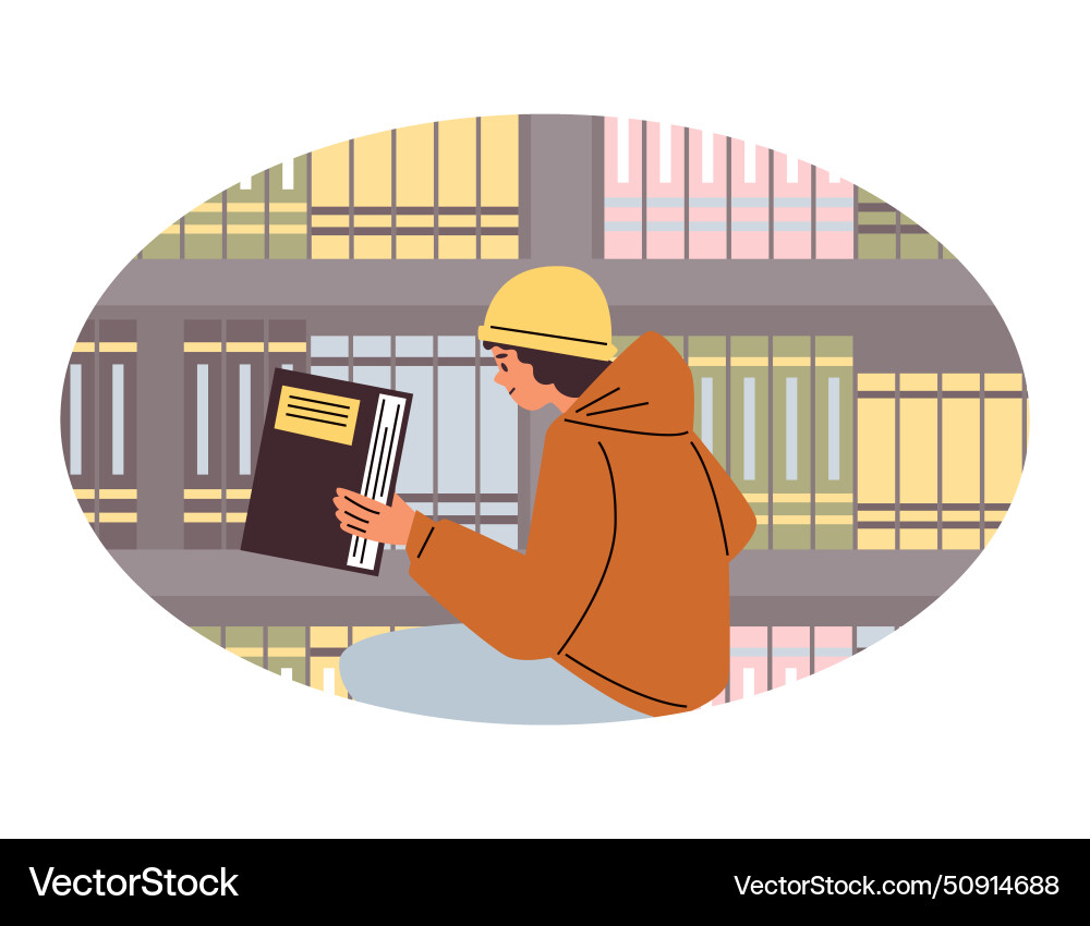 Engrossed reader at bookshelf Vector Image