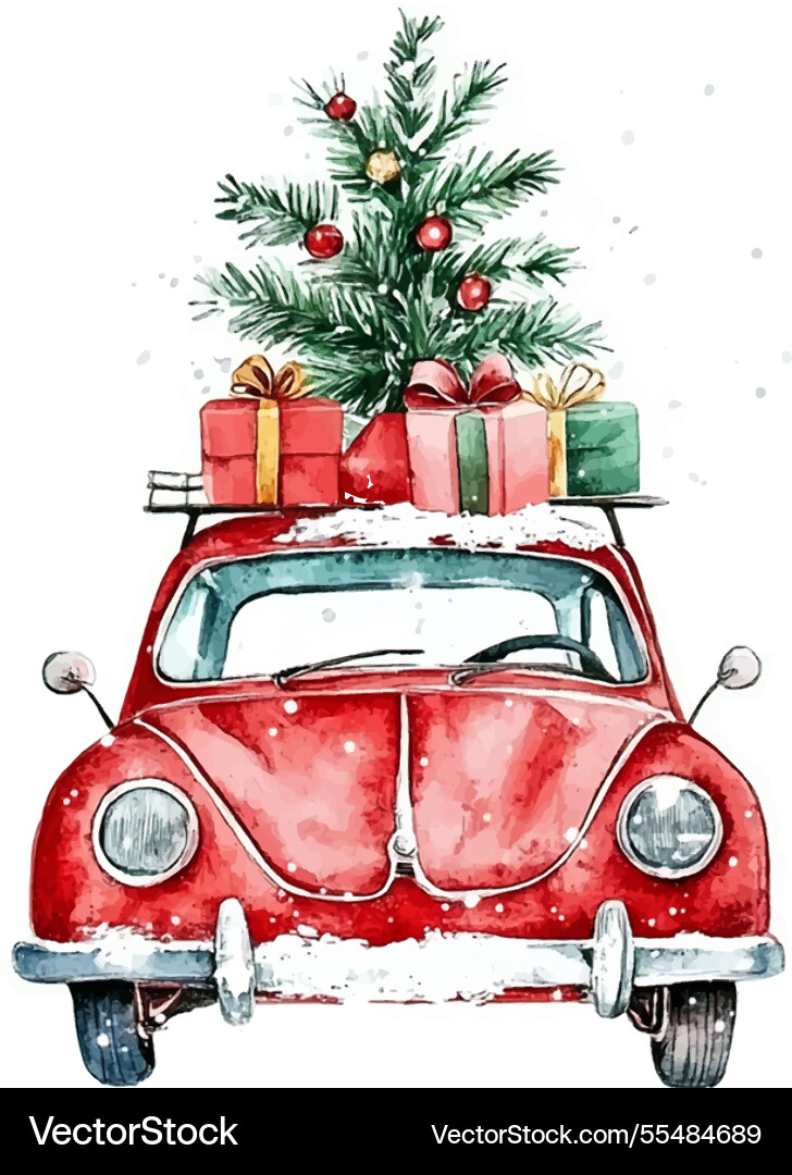A red car is decorated with christmas tree A red car is decorated with christmas tree vector image