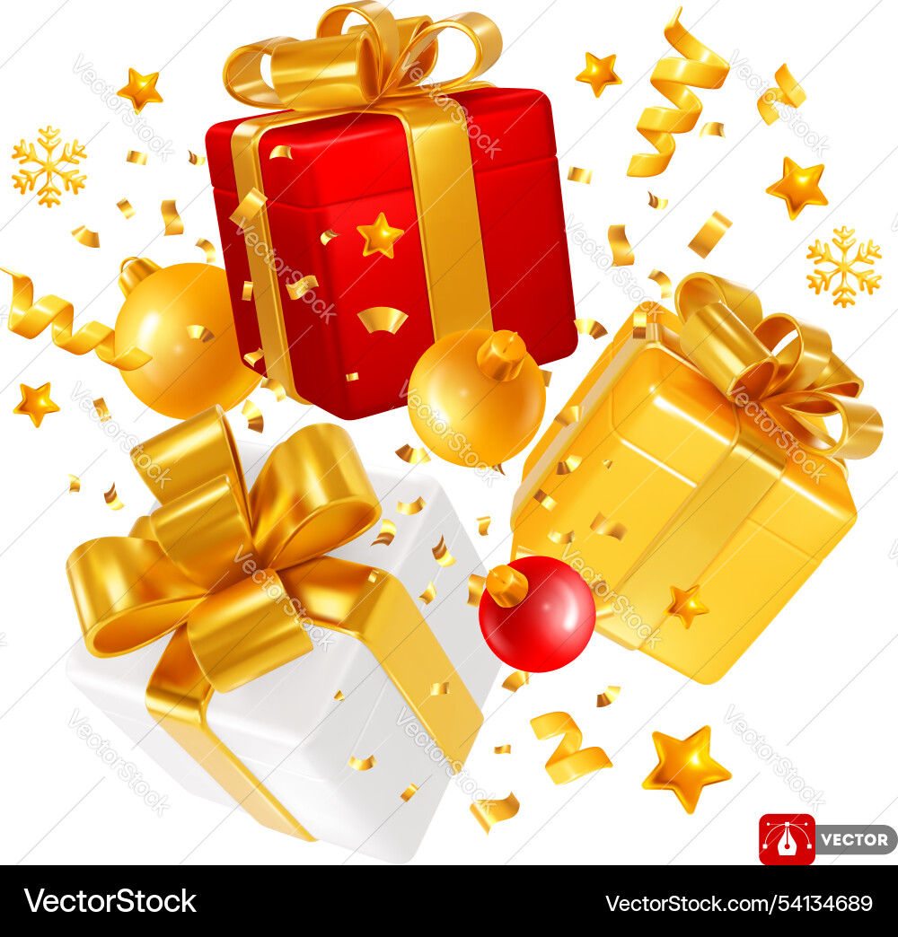 Flying new year gift boxes with gold bow Flying new year gift boxes with gold bow vector image