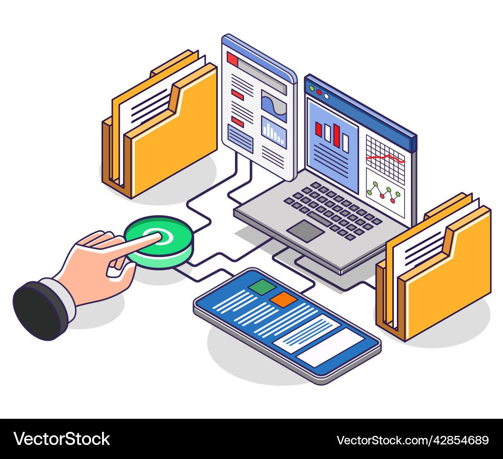 Hand press button and analyze data Hand press button and analyze data vector image
