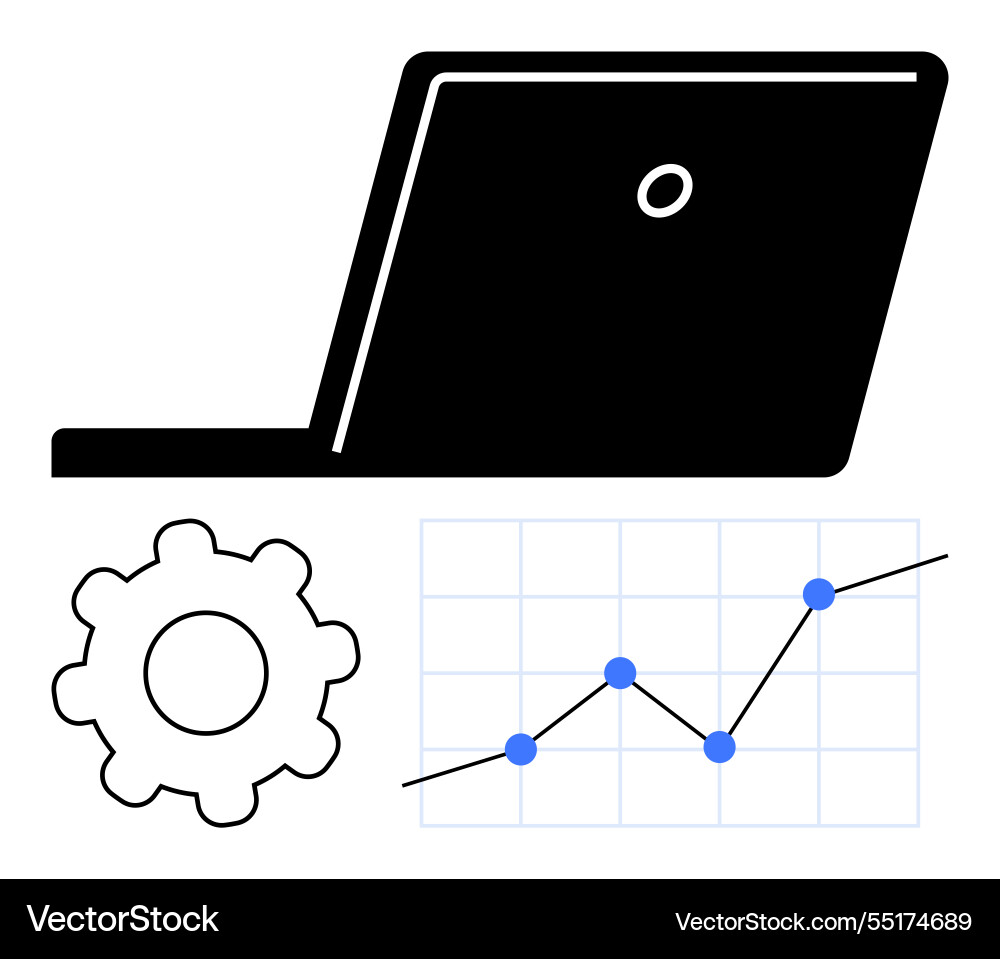 Laptop with analytics graph and gear representing Laptop with analytics graph and gear representing Vector Image
