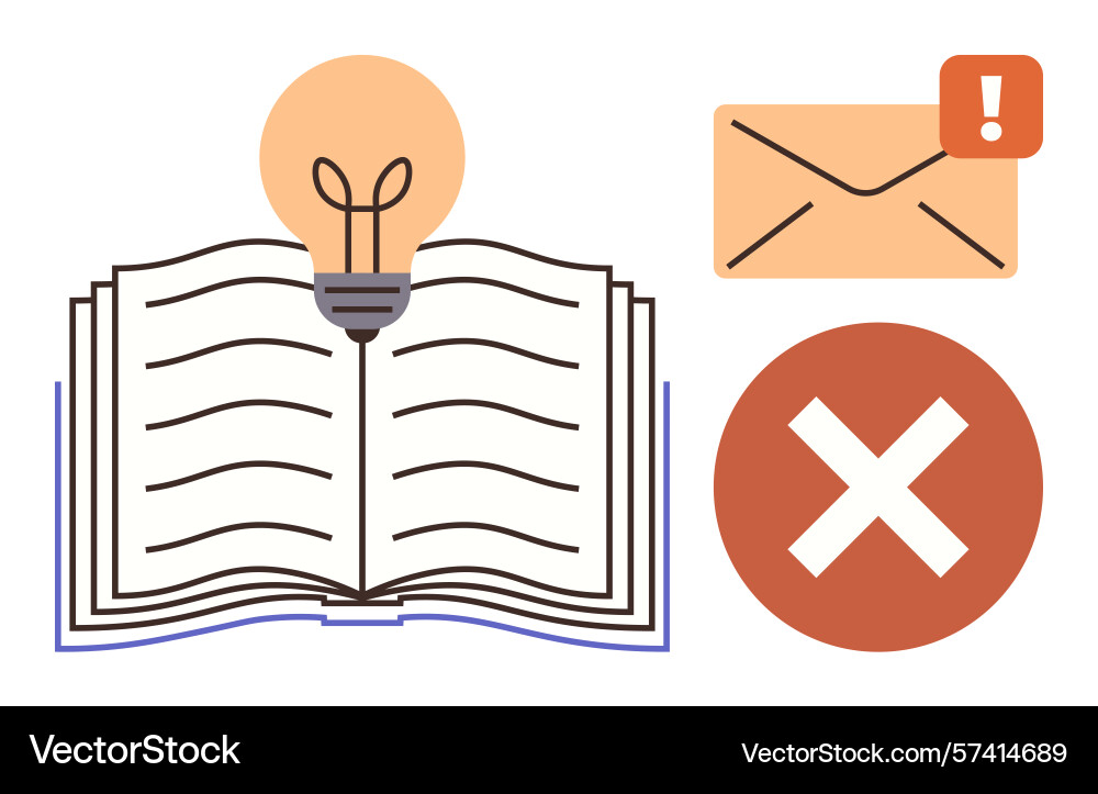 Open book with lightbulb email alert and error Open book with lightbulb email alert and error vector image