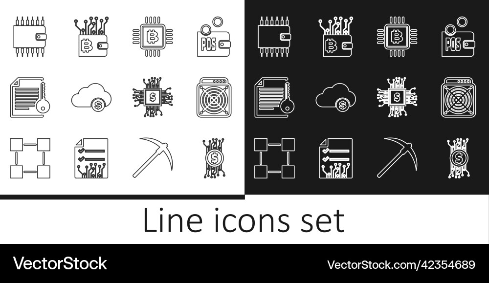 Set line cryptocurrency bitcoin in circuit asic Set line cryptocurrency bitcoin in circuit asic vector image