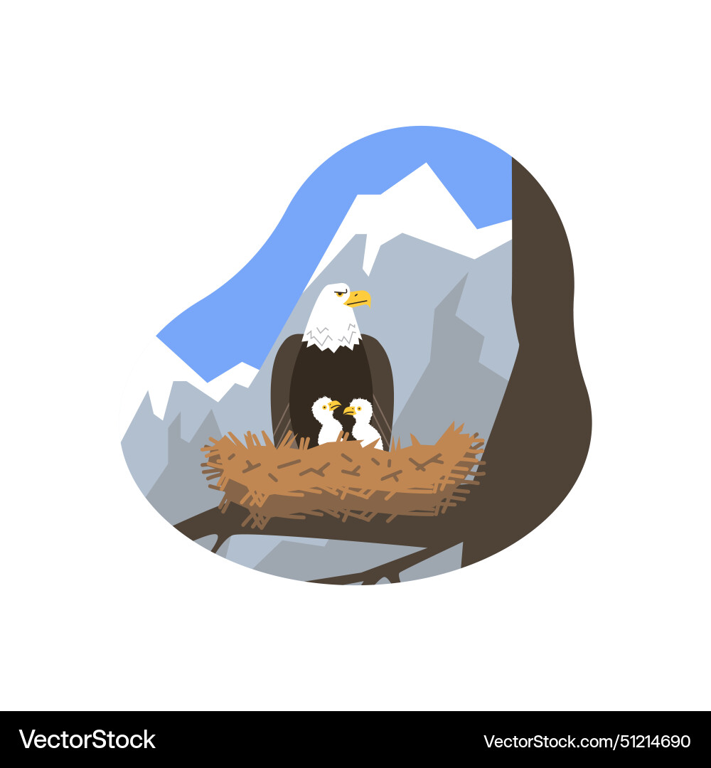 Large wild eagle sitting in nest with chicks flat Vector Image
