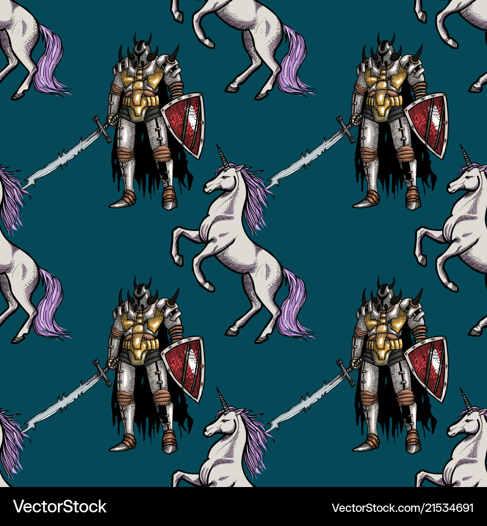 Medieval knight and unicorn seamless pattern Vector Image