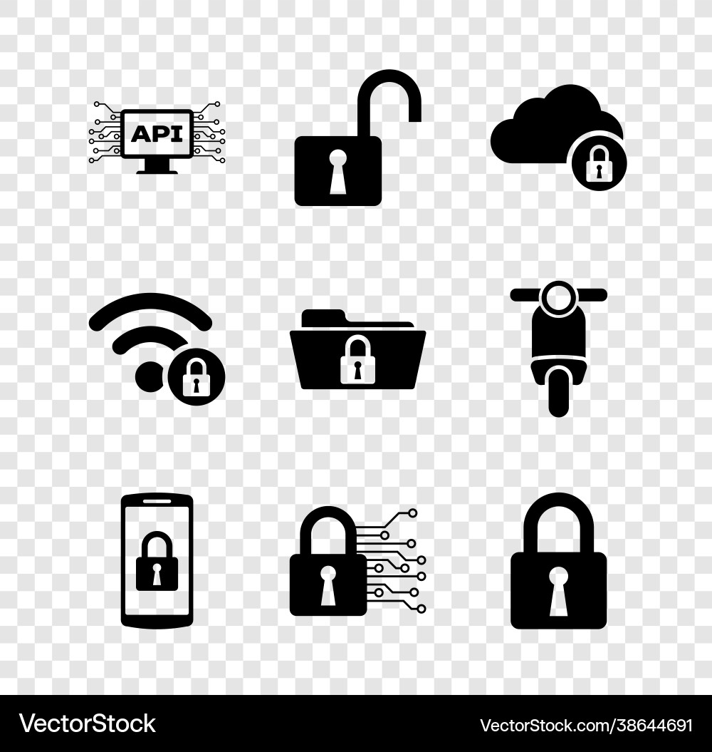 Set computer api interface open padlock cloud Set computer api interface open padlock cloud Vector Image