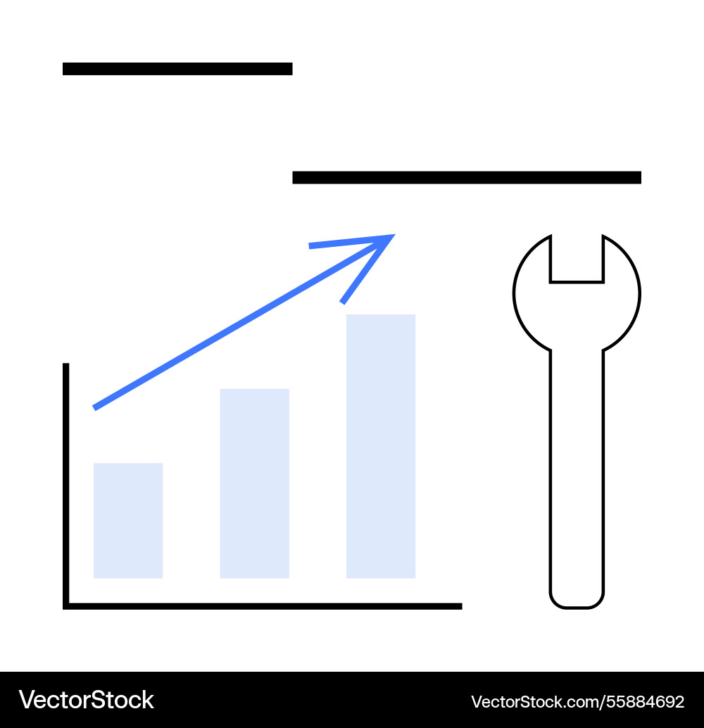 Bar graph with upward arrow and wrench symbolizing Bar graph with upward arrow and wrench symbolizing vector image