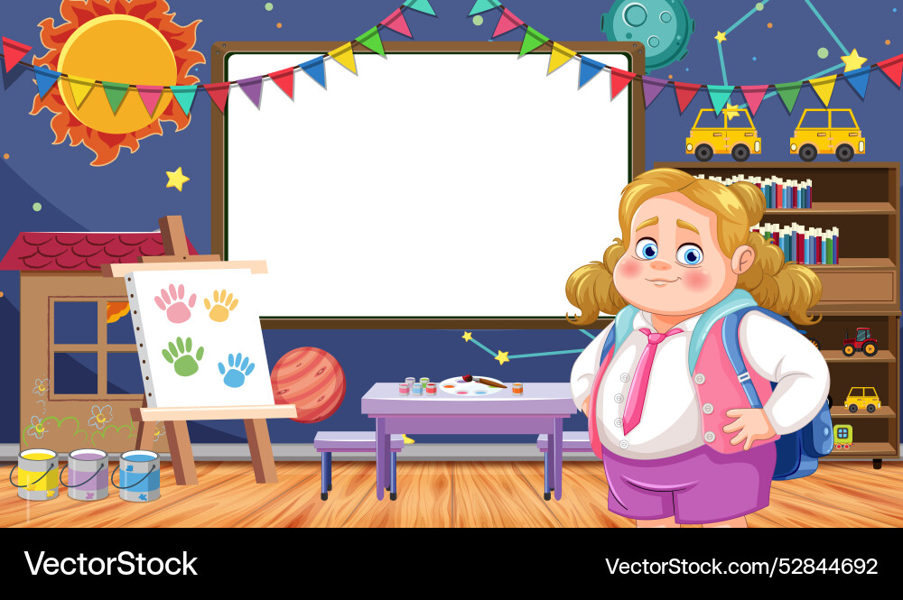Child in a colorful classroom setting Child in a colorful classroom setting Vector Image