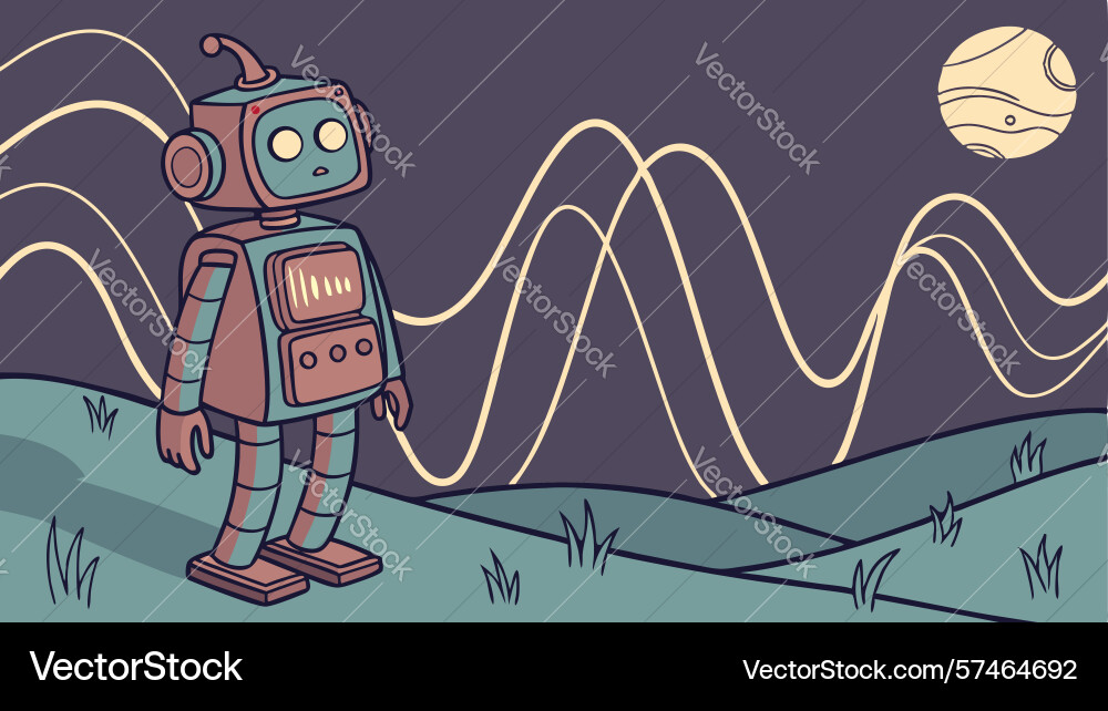Cosmic robot data waves in space landscape flat vector image