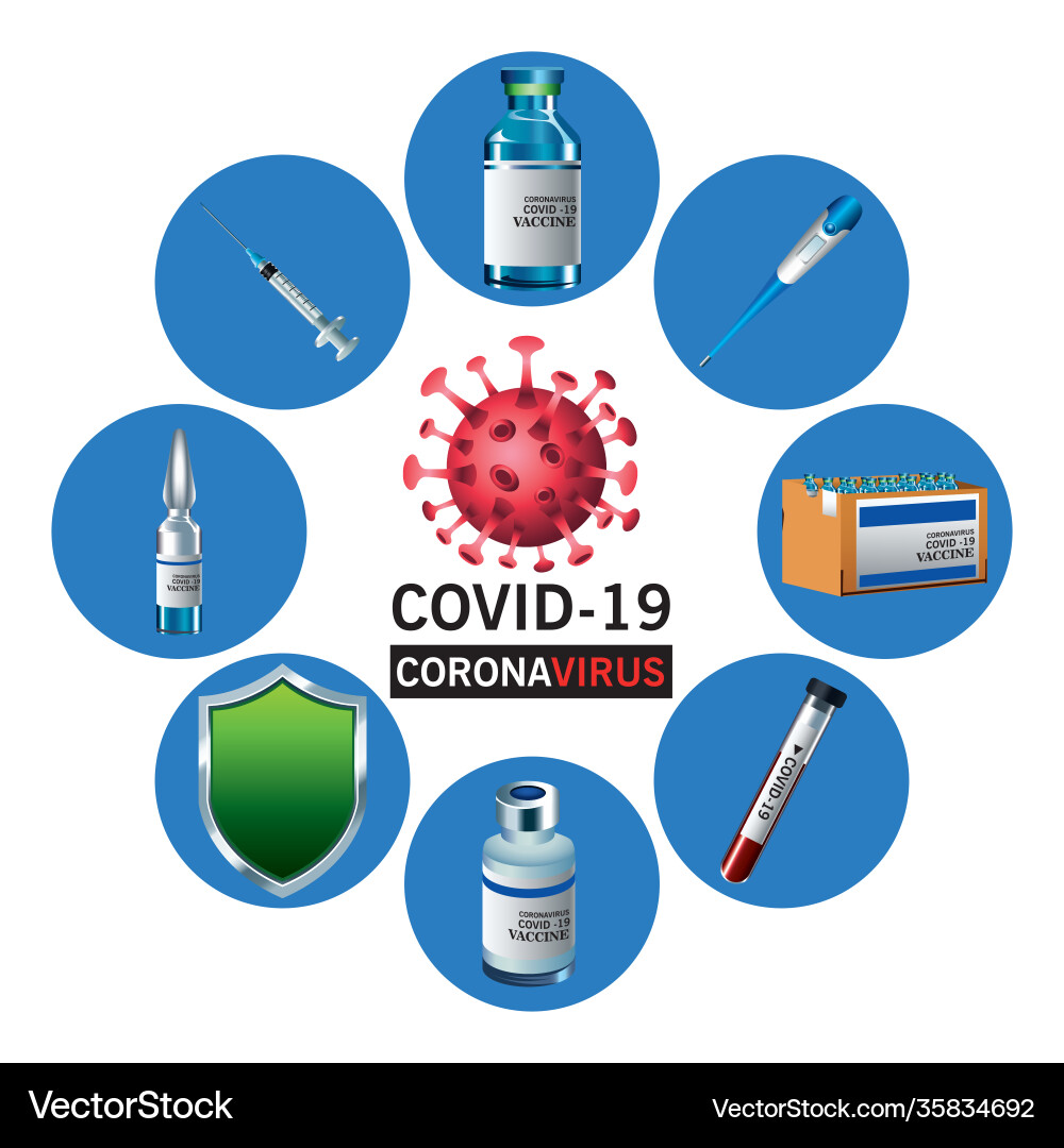 Covid19 virus vaccine lettering with set icons Covid19 virus vaccine lettering with set icons vector image