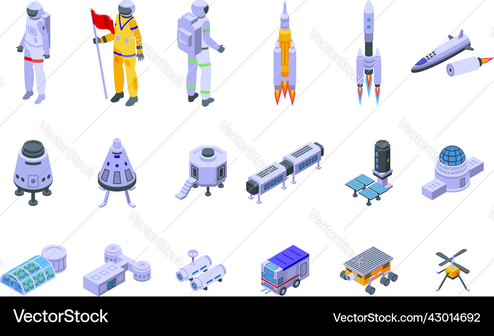 Mars colonization icons set isometric Vector Image