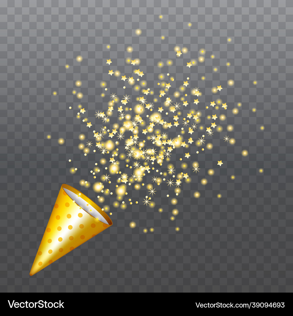 Golden party popper with exploding confetti Golden party popper with exploding confetti vector image