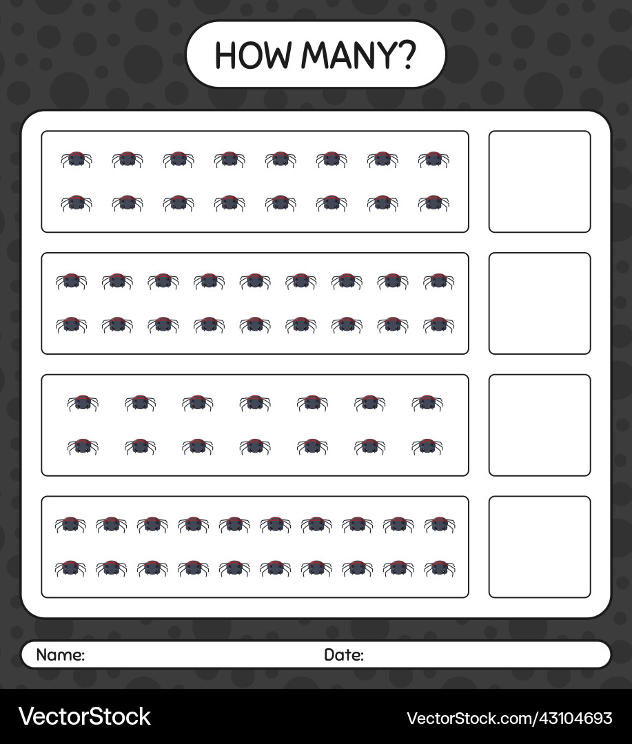 How many counting game with spider worksheet How many counting game with spider worksheet Vector Image